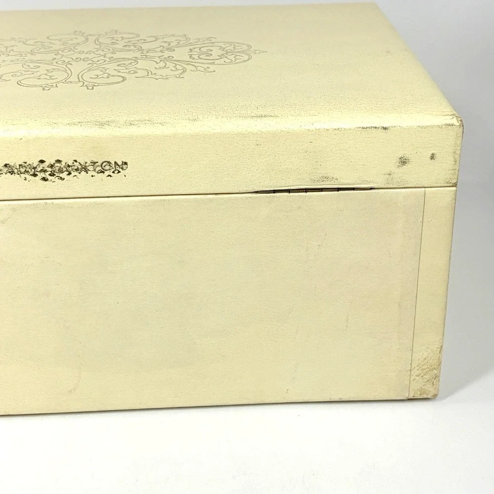 Vintage Jewelry Box Ivory Gold 3 Tier w/ Drawer Red Velvet Satin Lining 12x8
